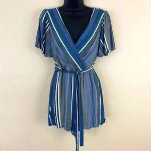 TRIXXI Rayon Striped V-Neck Tie Waist Open Back Mini Shorts Romper Size S